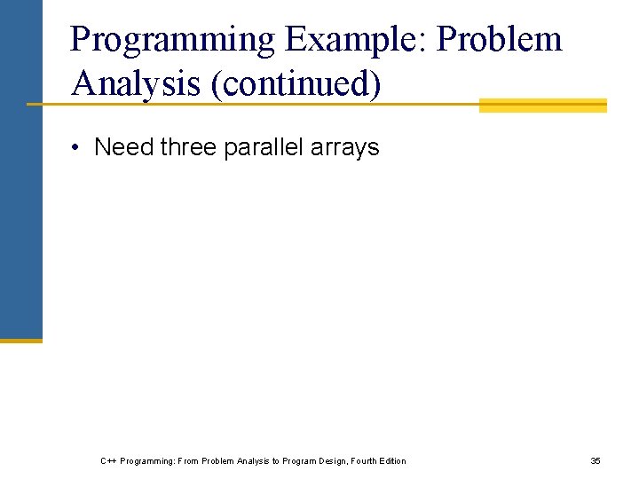 Programming Example: Problem Analysis (continued) • Need three parallel arrays C++ Programming: From Problem