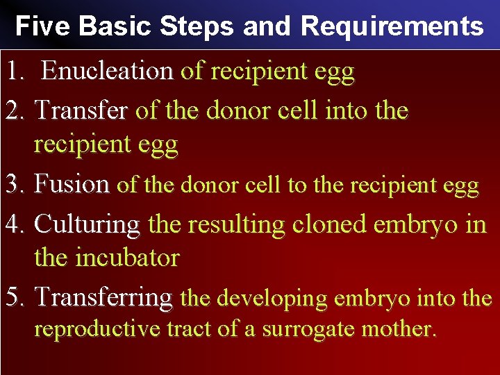 Five Basic Steps and Requirements 1. Enucleation of recipient egg 2. Transfer of the