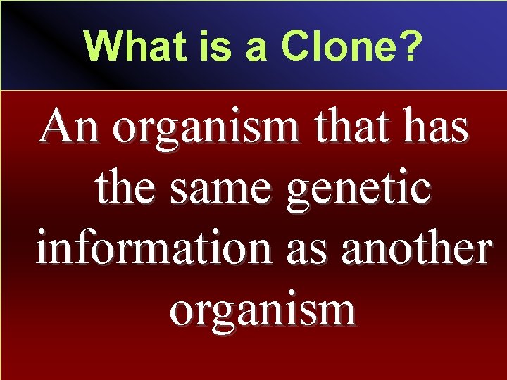 What is a Clone? An organism that has the same genetic information as another