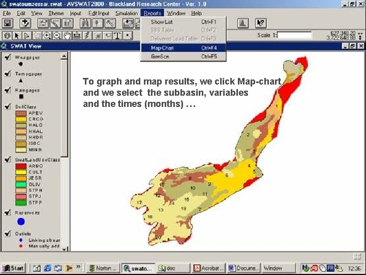 To graph and map results, we click Map-chart and we select the subbasin, variables