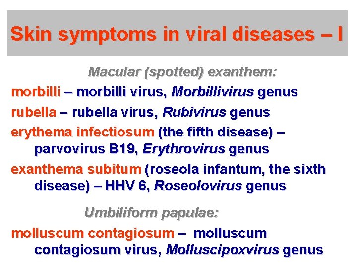 Skin symptoms in viral diseases – I Macular (spotted) exanthem: morbilli – morbilli virus,