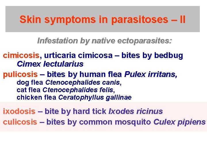 Skin symptoms in parasitoses – II Infestation by native ectoparasites: cimicosis, urticaria cimicosa –