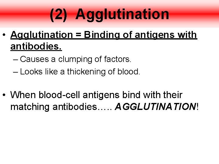 (2) Agglutination • Agglutination = Binding of antigens with antibodies. – Causes a clumping