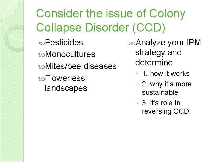 Consider the issue of Colony Collapse Disorder (CCD) Pesticides Monocultures Mites/bee diseases Flowerless landscapes