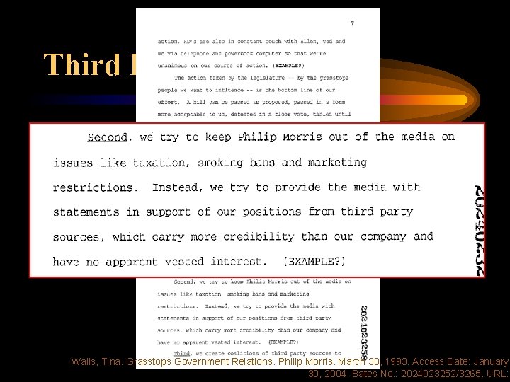 Third Parties and Fronts Walls, Tina. Grasstops Government Relations. Philip Morris. March 30, 1993.