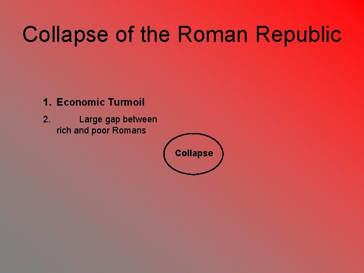 Collapse of the Roman Republic 1. Economic Turmoil 2. Large gap between rich and
