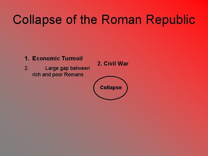 Collapse of the Roman Republic 1. Economic Turmoil 2. Large gap between rich and