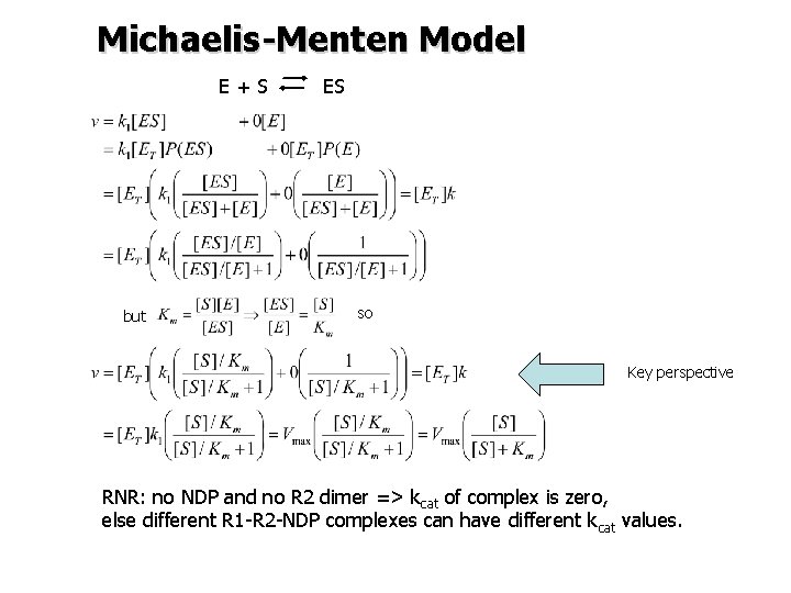 Michaelis-Menten Model E+S but ES so Key perspective RNR: no NDP and no R