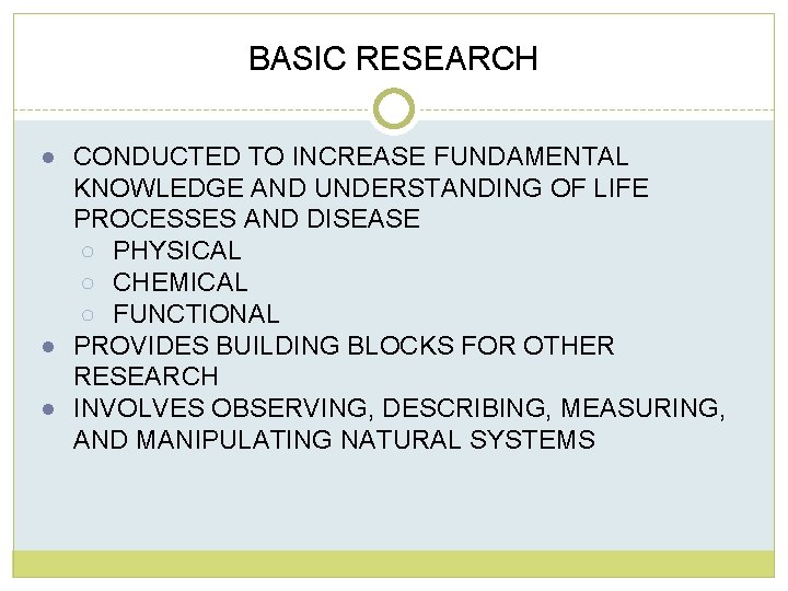 BASIC RESEARCH ● CONDUCTED TO INCREASE FUNDAMENTAL KNOWLEDGE AND UNDERSTANDING OF LIFE PROCESSES AND BASIC RESEARCH ● CONDUCTED TO INCREASE FUNDAMENTAL KNOWLEDGE AND UNDERSTANDING OF LIFE PROCESSES AND
