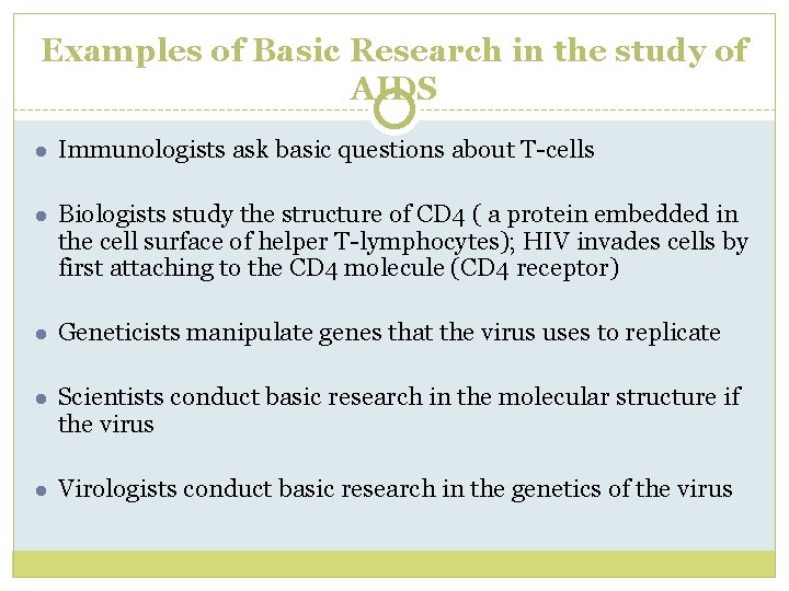Examples of Basic Research in the study of AIDS ● Immunologists ask basic questions Examples of Basic Research in the study of AIDS ● Immunologists ask basic questions