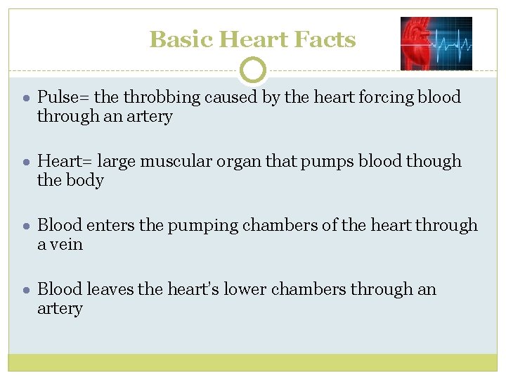 Basic Heart Facts ● Pulse= the throbbing caused by the heart forcing blood through Basic Heart Facts ● Pulse= the throbbing caused by the heart forcing blood through
