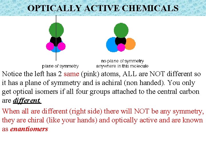 OPTICALLY ACTIVE CHEMICALS Notice the left has 2 same (pink) atoms, ALL are NOT