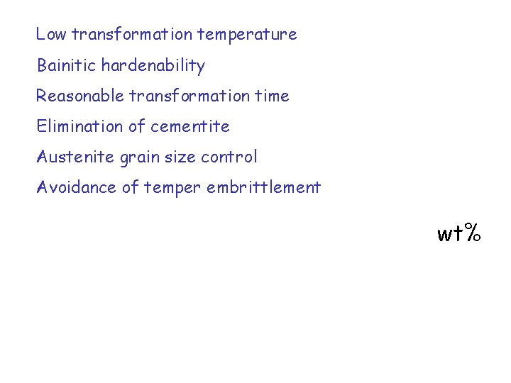 Low transformation temperature Bainitic hardenability Reasonable transformation time Elimination of cementite Austenite grain size