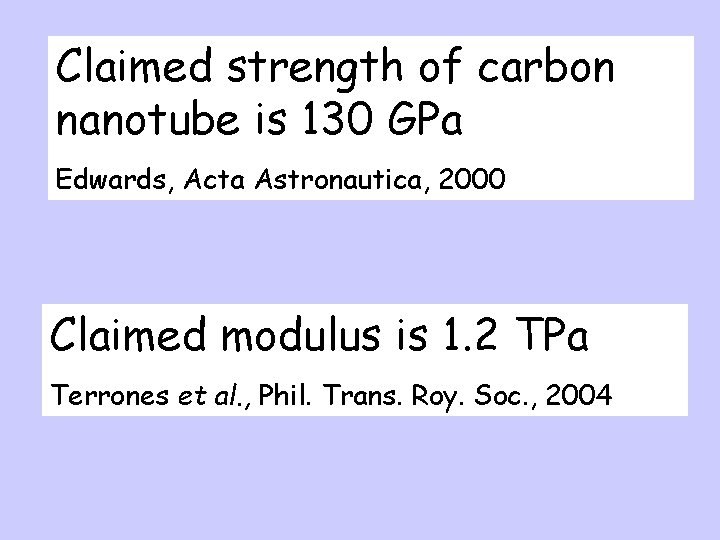Claimed strength of carbon nanotube is 130 GPa Edwards, Acta Astronautica, 2000 Claimed modulus