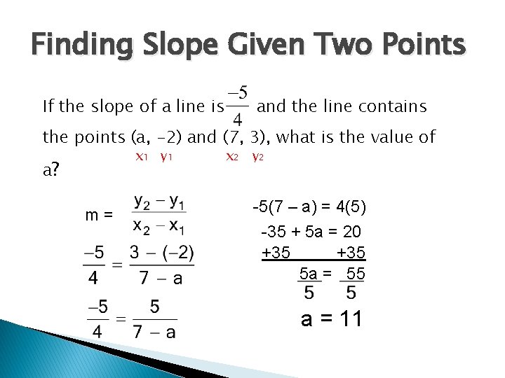 Finding Slope Given Two Points If the slope of a line is and the