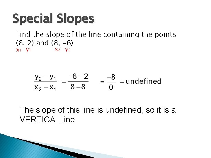 Special Slopes Find the slope of the line containing the points (8, 2) and