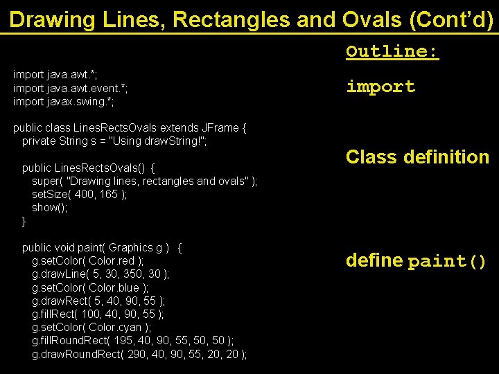 Drawing Lines, Rectangles and Ovals (Cont’d) Outline: import java. awt. *; import java. awt.