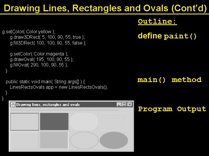 Drawing Lines, Rectangles and Ovals (Cont’d) Outline: g. set. Color( Color. yellow ); g.