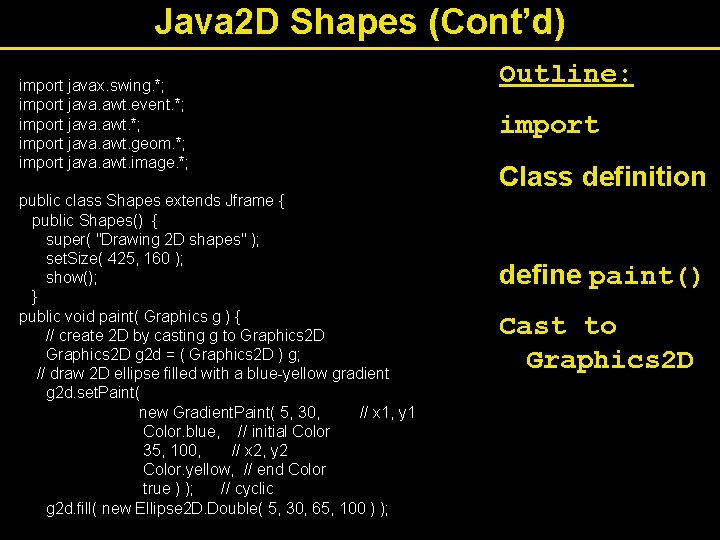 Java 2 D Shapes (Cont’d) import javax. swing. *; import java. awt. event. *;
