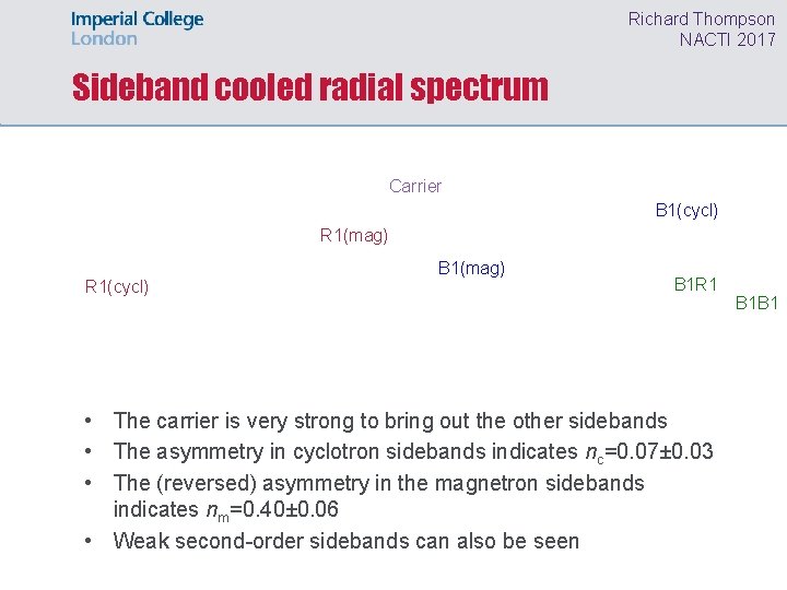 Richard Thompson NACTI 2017 Sideband cooled radial spectrum Carrier B 1(cycl) R 1(mag) R