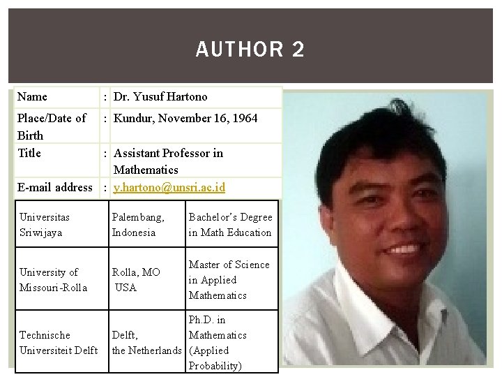 AUTHOR 2 Name : Dr. Yusuf Hartono Place/Date of Birth Title : Kundur, November