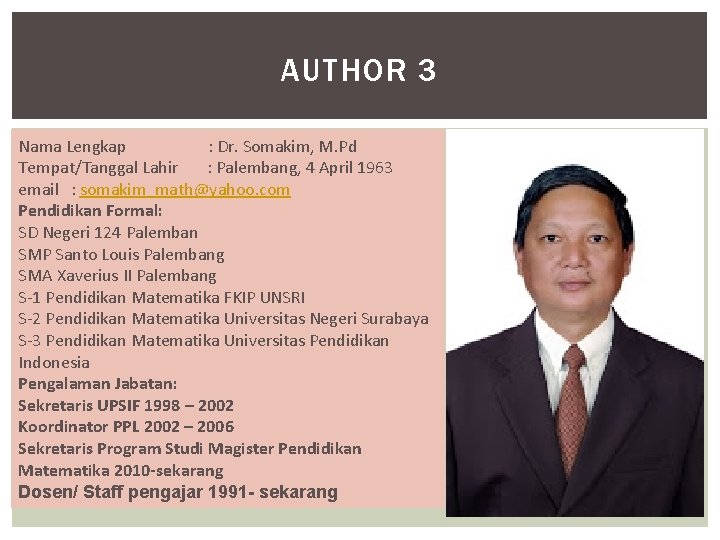 AUTHOR 3 Nama Lengkap : Dr. Somakim, M. Pd Tempat/Tanggal Lahir : Palembang, 4