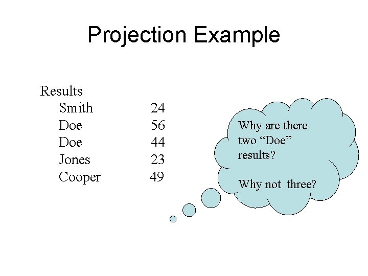 Projection Example Results Smith Doe Jones Cooper 24 56 44 23 49 Why are Projection Example Results Smith Doe Jones Cooper 24 56 44 23 49 Why are