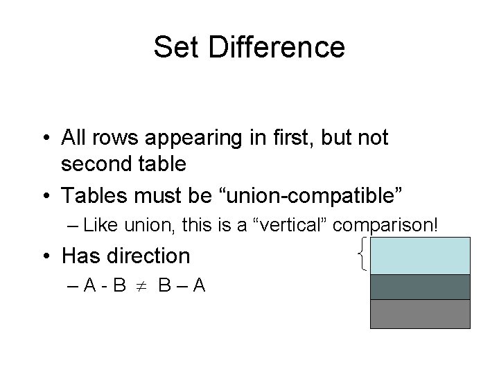 Set Difference • All rows appearing in first, but not second table • Tables Set Difference • All rows appearing in first, but not second table • Tables