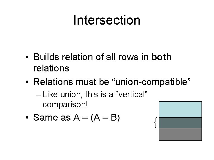 Intersection • Builds relation of all rows in both relations • Relations must be Intersection • Builds relation of all rows in both relations • Relations must be