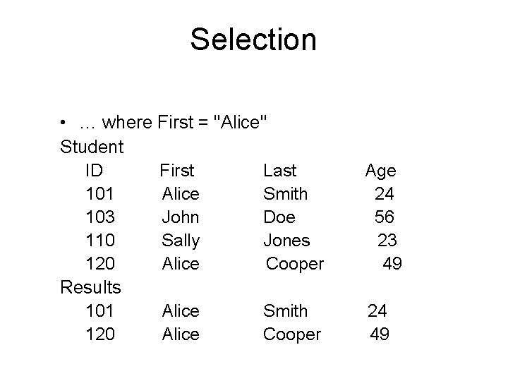 Selection • … where First = "Alice" Student ID 101 103 110 120 Results Selection • … where First = "Alice" Student ID 101 103 110 120 Results