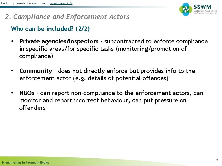 Find this presentation and more on www. sswm. info 2. Compliance and Enforcement Actors