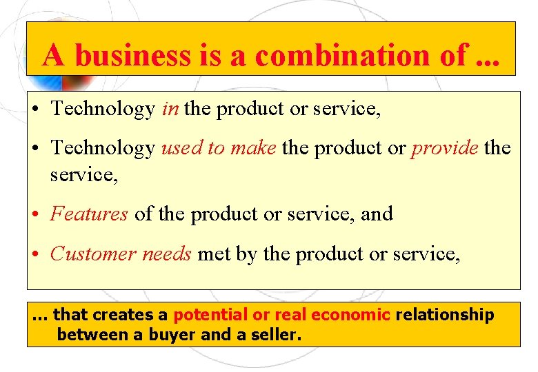 A business is a combination of. . . • Technology in the product or