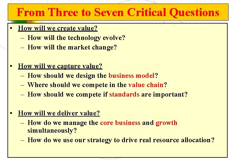 From Three to Seven Critical Questions • How will we create value? – How