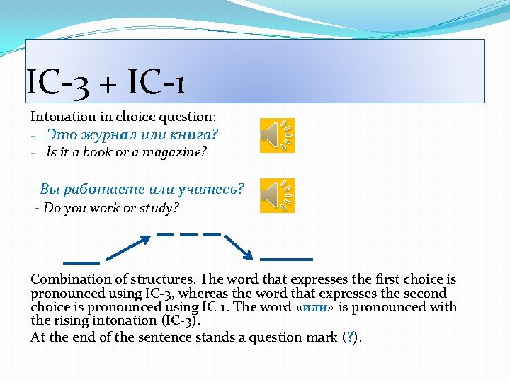 IC-3 + IC-1 Intonation in choice question: - Это журнал или книга? - Is