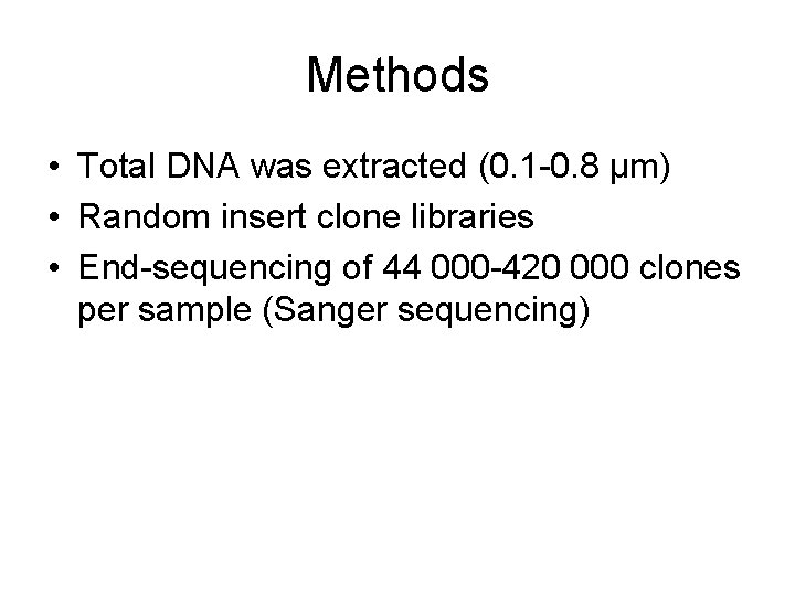 Methods • Total DNA was extracted (0. 1 -0. 8 µm) • Random insert