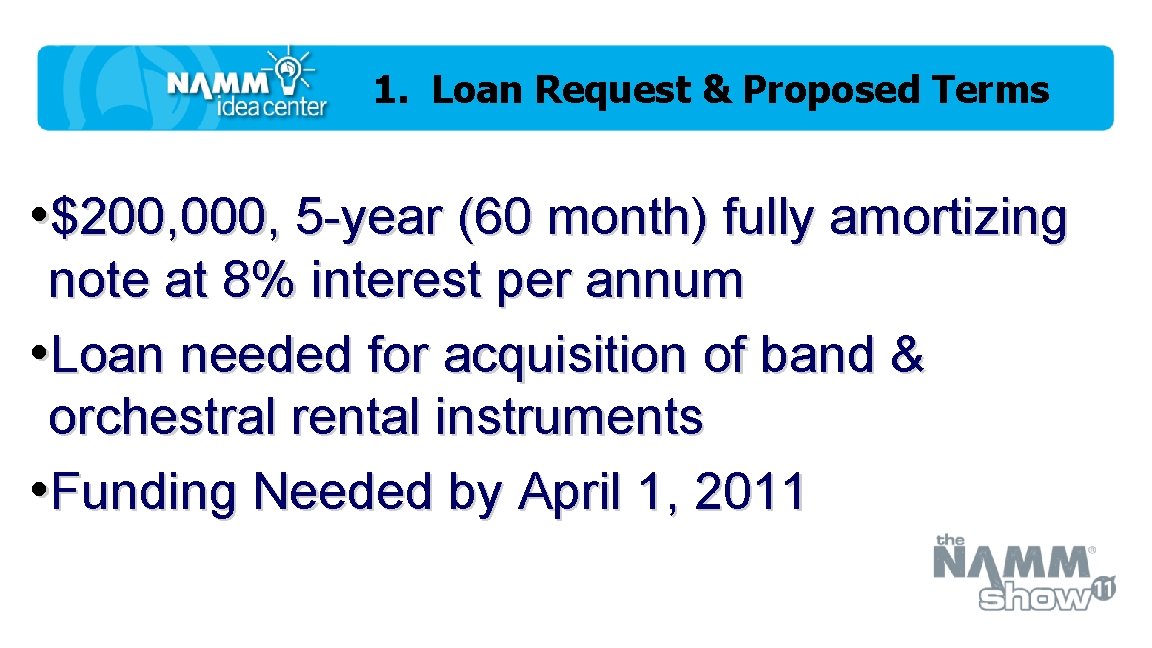 1. Loan Request & Proposed Terms • $200, 000, 5 -year (60 month) fully