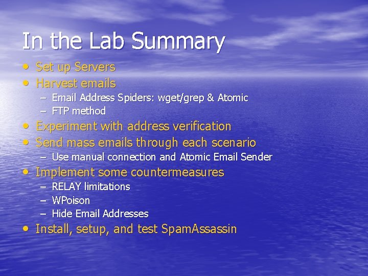 In the Lab Summary • Set up Servers • Harvest emails – Email Address