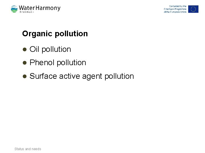 Organic pollution l Oil pollution l Phenol pollution l Surface active agent pollution Status Organic pollution l Oil pollution l Phenol pollution l Surface active agent pollution Status