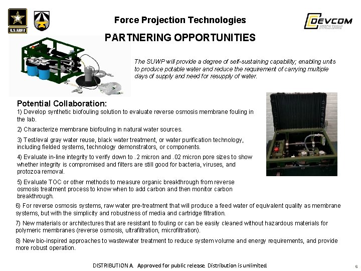 Force Projection Technologies PARTNERING OPPORTUNITIES The SUWP will provide a degree of self-sustaining capability;