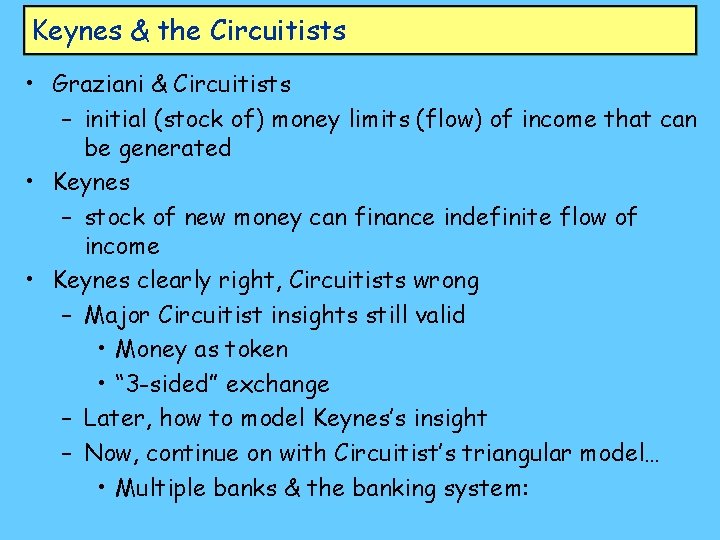 Keynes & the Circuitists • Graziani & Circuitists – initial (stock of) money limits