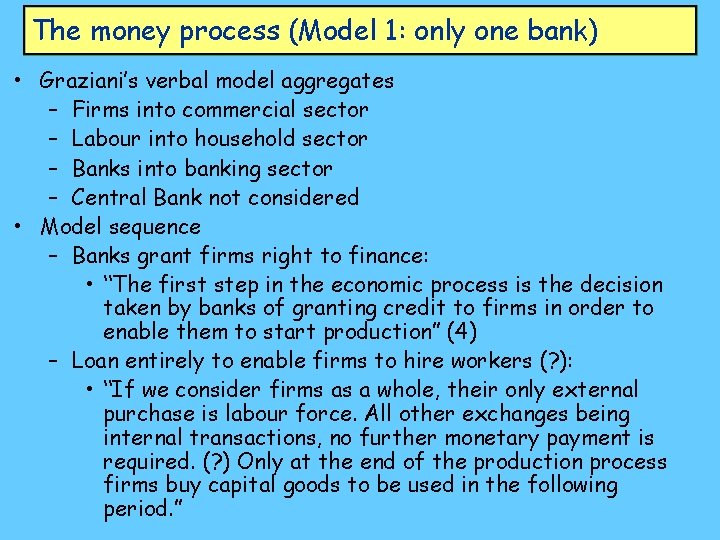 The money process (Model 1: only one bank) • Graziani’s verbal model aggregates –
