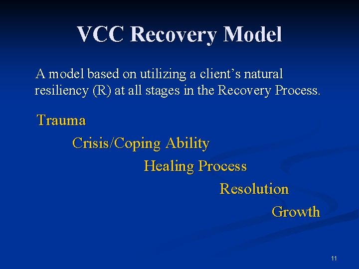 VCC Recovery Model A model based on utilizing a client’s natural resiliency (R) at