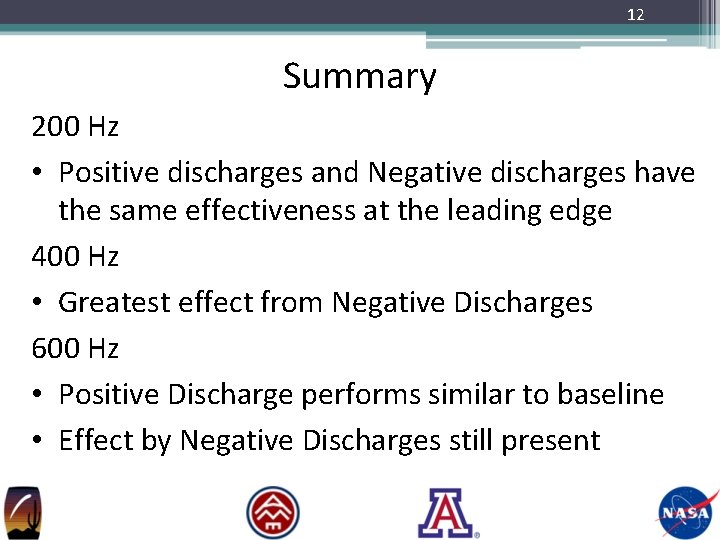 12 Summary 200 Hz • Positive discharges and Negative discharges have the same effectiveness