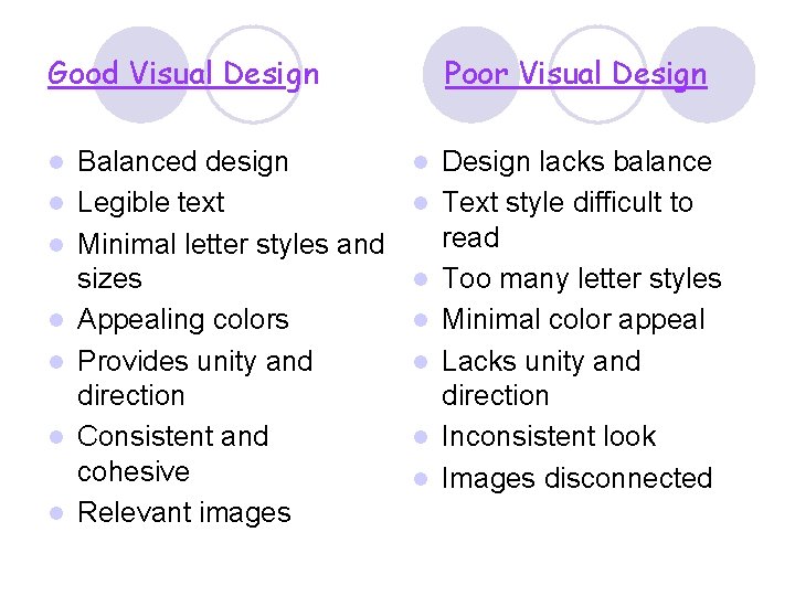 Good Visual Design l l l l Balanced design Legible text Minimal letter styles