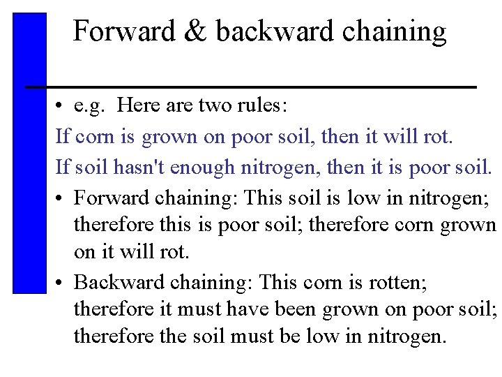 Forward & backward chaining • e. g. Here are two rules: If corn is