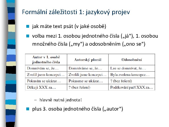 Formální záležitosti 1: jazykový projev n jak máte text psát (v jaké osobě) n