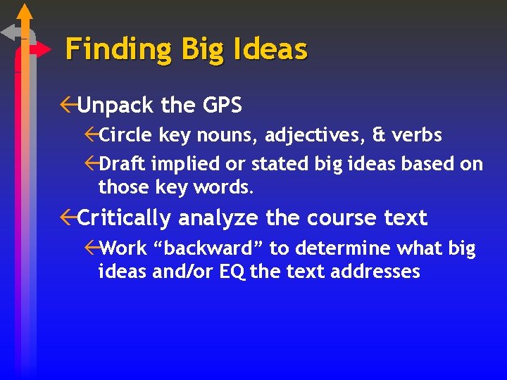 Finding Big Ideas ßUnpack the GPS ßCircle key nouns, adjectives, & verbs ßDraft implied