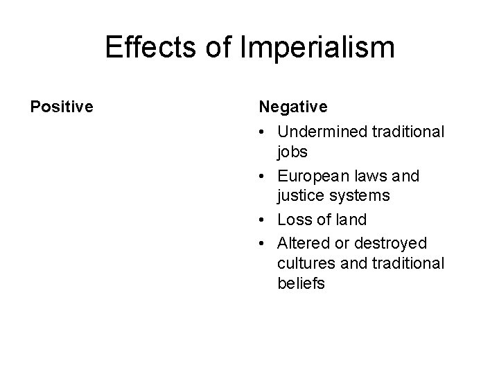 Effects of Imperialism Positive Negative • Undermined traditional jobs • European laws and justice