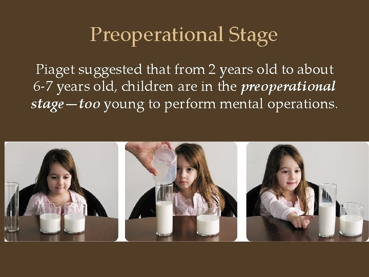 Preoperational Stage Piaget suggested that from 2 years old to about 6 -7 years