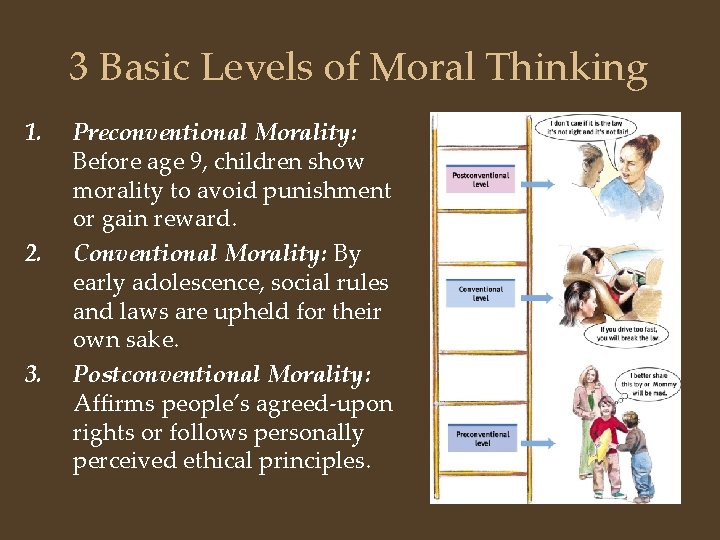 3 Basic Levels of Moral Thinking 1. 2. 3. Preconventional Morality: Before age 9,